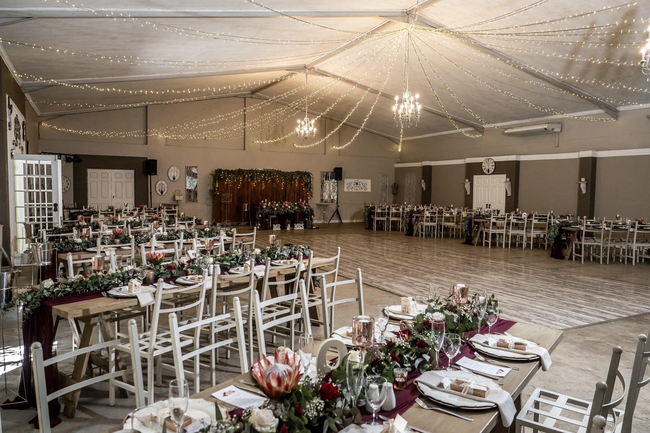 Reception room dressed for Billy and Karen’s wedding