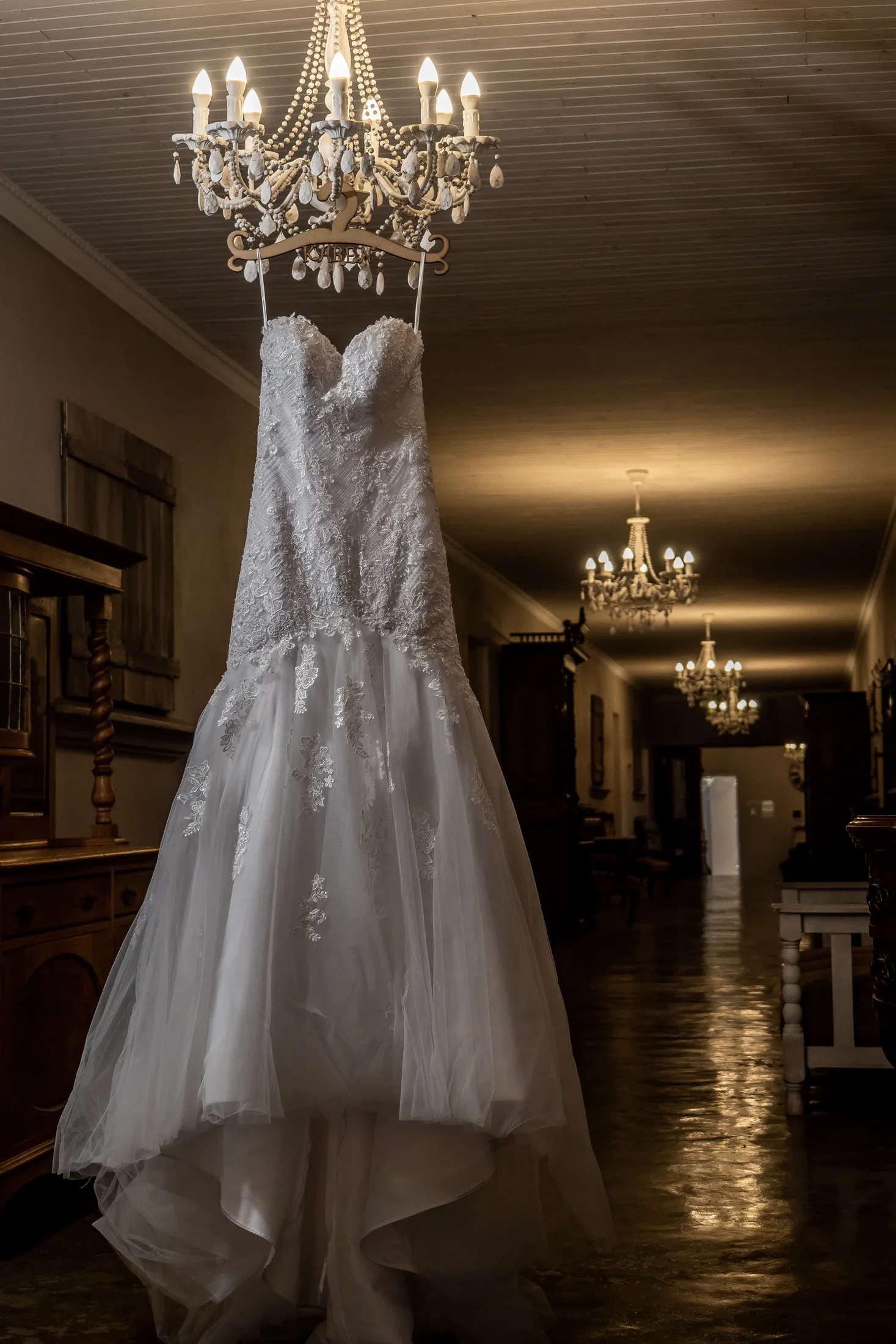 Karen’s wedding dress hanging before the ceremony