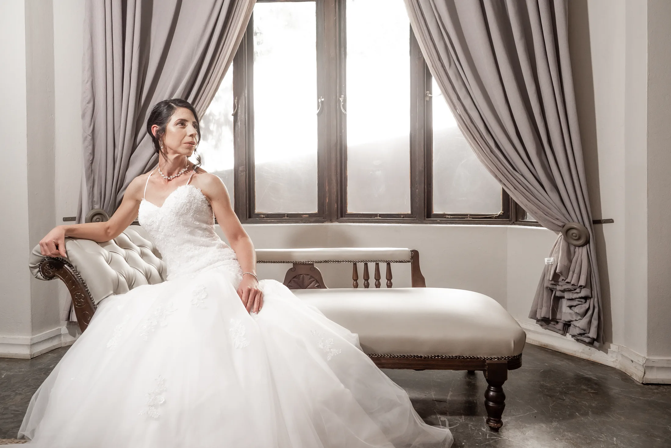 Portrait of Karen in her wedding dress before the ceremony