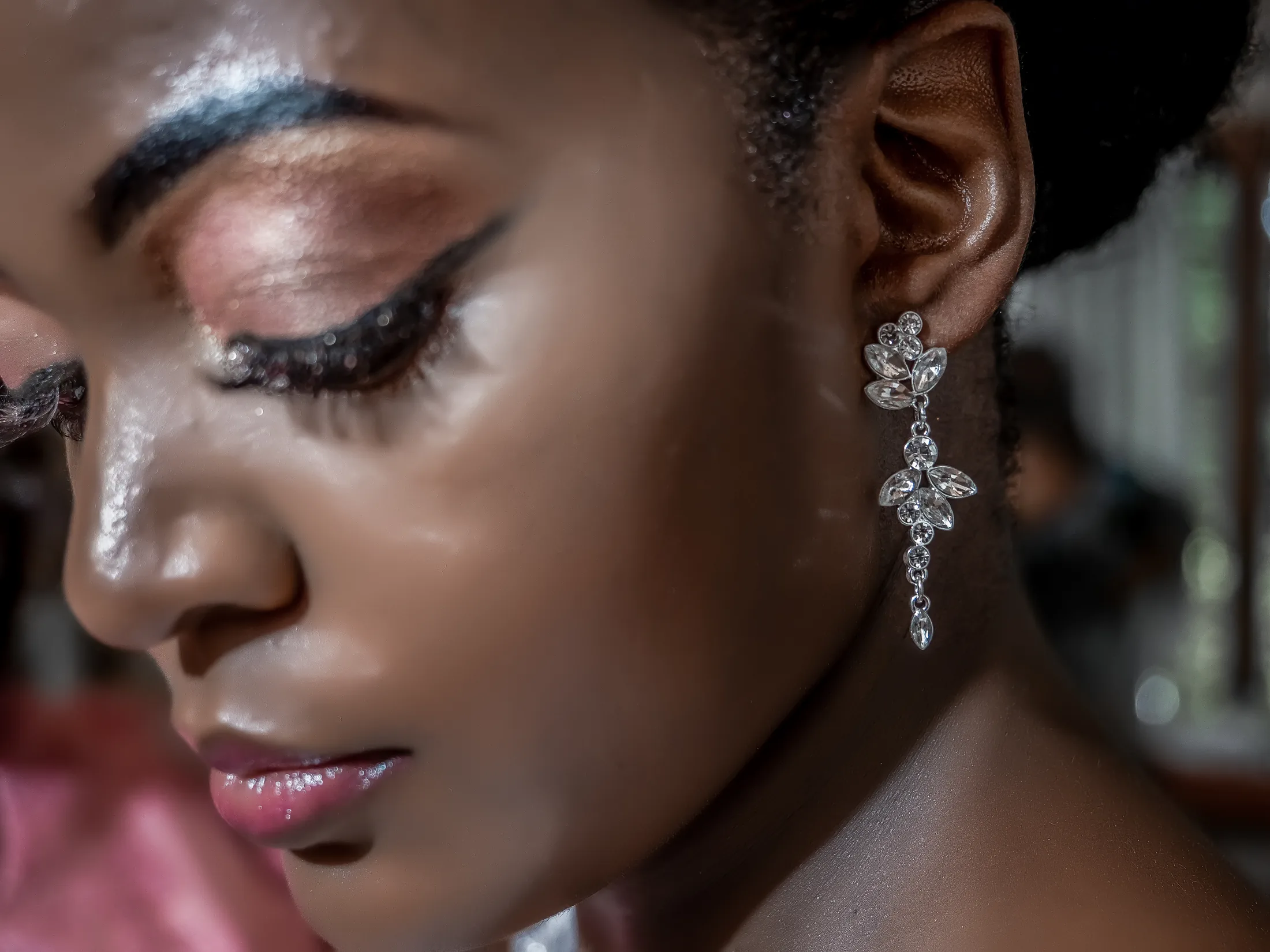 Close portrait of Karabo during bridal preparations