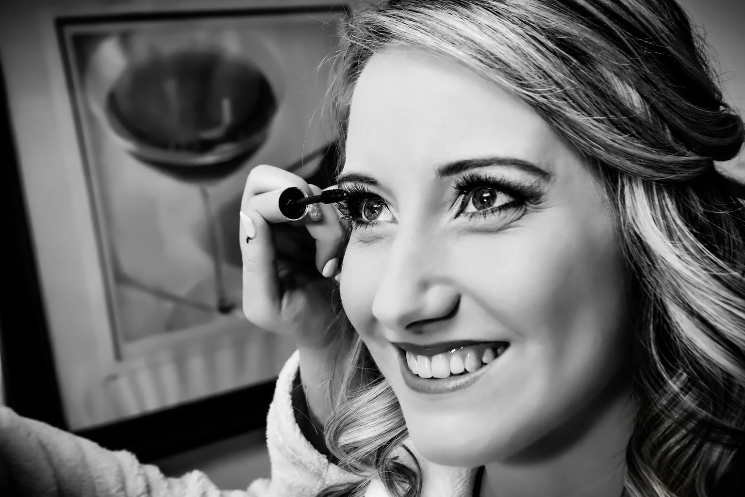 Black and white portrait of Dorme during bridal preparations