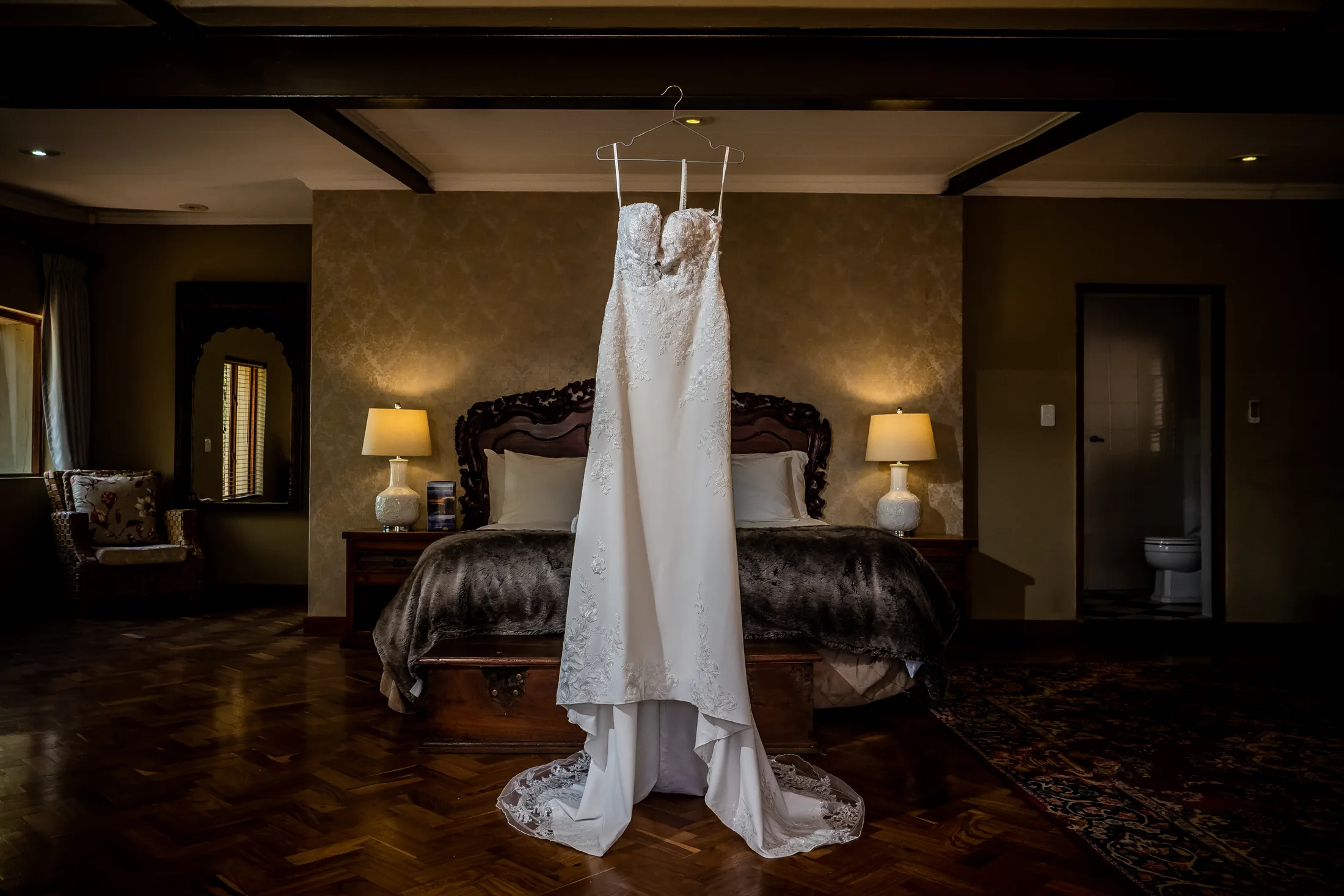 Leani’s wedding dress hanging before the ceremony
